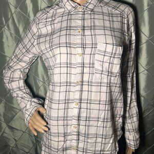 Hollister Women Small White Gray‎ Plaid Boyfriend Fit Long Sleeved Button Down
